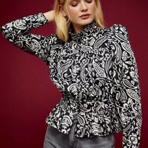 Topshop Paisley High Neck Blouse, Black and White